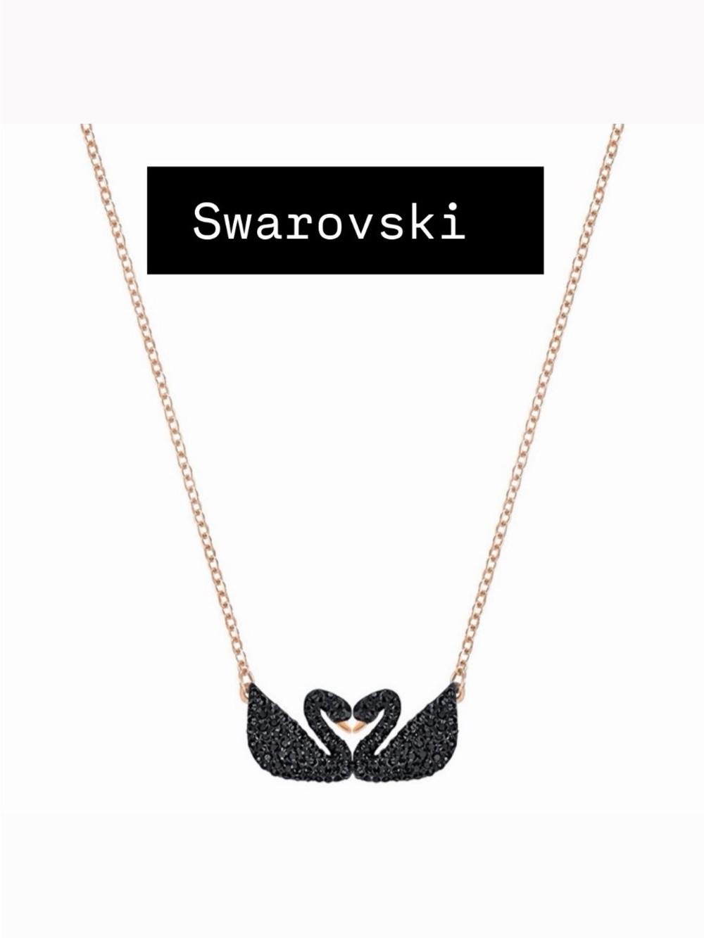 Swarovski Rose Gold Necklace with Black Crystal Double Swan Pendant NWT